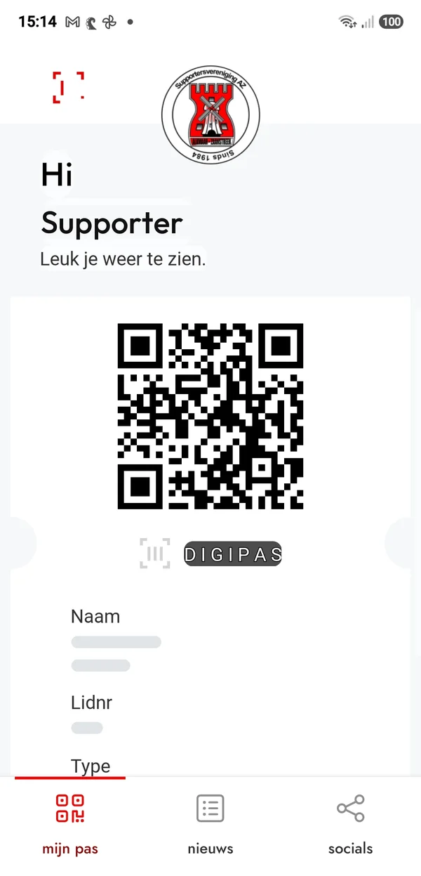 De digitale ledenpas in de Digipas-app, met QR-code